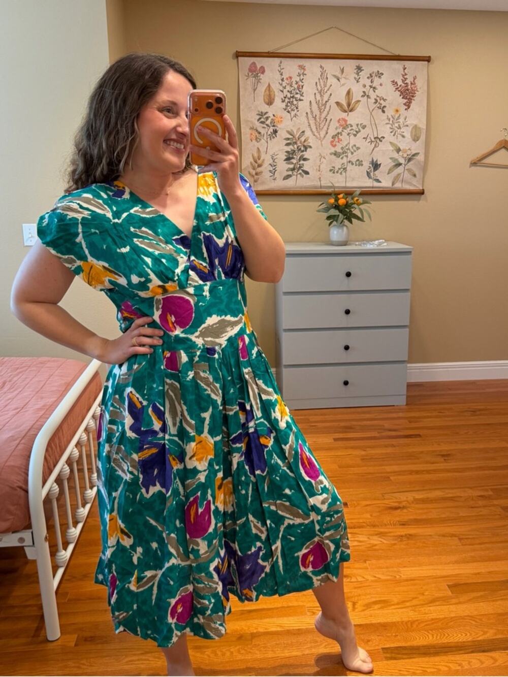 Vintage Retro REO Originals Watercolor Green Floral V-Neck Midi Dress Small